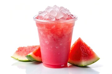 Watermelon agua fresca, pink with crushed ice, plastic cup, isolated white