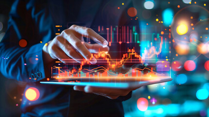 Business innovation: businessman engages with futuristic digital interface on tablet for data analysis and growth