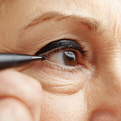 Close Up Portrait of a Woman Applying Eyeliner Cosmetics on Mature Skin
