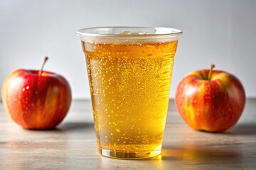Sparkling apple cider, golden yellow, plastic cup, white background