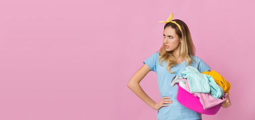 Housewife with basin questionably looks in direction of free space