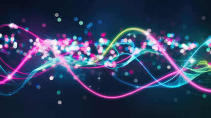 A vibrant abstract digital artwork featuring flowing waves of colorful light in shades of pink, blue, and green, creating a dynamic and energetic atmosphere.