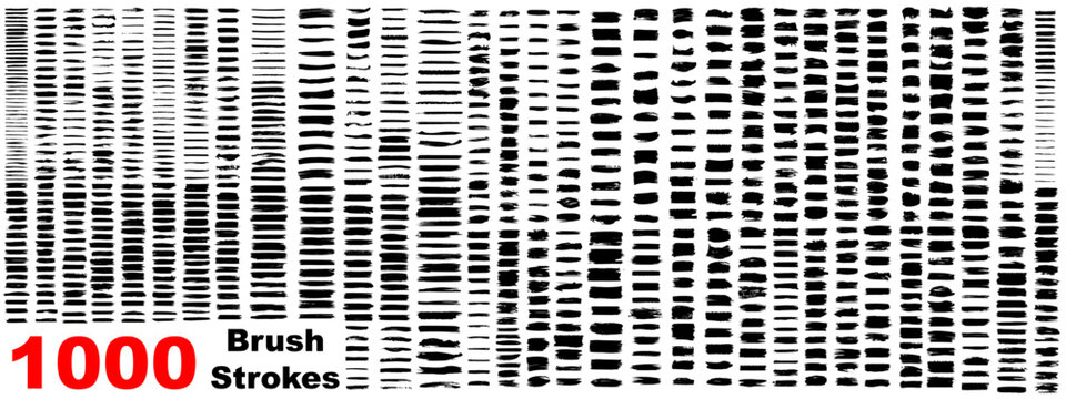 Very large collection or set of 1000 artistic black paint hand made creative brush strokes isolated on white background, metaphor to art, grunge or grungy, graffiti, education abstract vector design