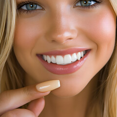 Naklejka premium Cheerful Blonde Woman Close-Up Portrait with Bright Smile and Flawless Makeup