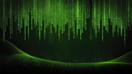 Fototapeta premium A striking digital landscape featuring cascading green binary code on a dark background, symbolizing technology and data flow.