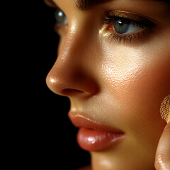 Elegant Beauty Portrait with Glamorous Makeup and Glowing Skin Featuring a Charming Expression
