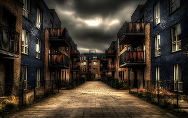 A moody urban scene featuring modern apartment buildings and a paved pathway under a cloudy sky.