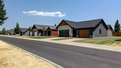 A quiet suburban street lined with modern homes and clear blue skies.