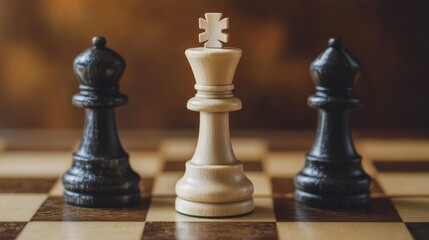 Fototapeta premium Chess King Piece Surrounded by Black Knights on a Wooden Chessboard