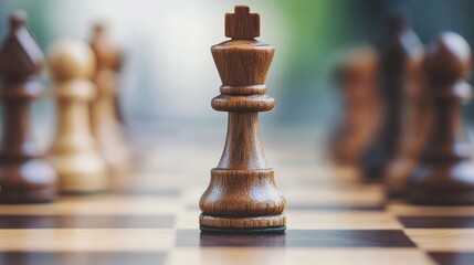 Close-Up of a Wooden Chess King on a Chessboard