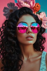 Fototapeta premium Luxury Fashion Model Portrait with Pink Peonies and Metallic Sunglasses