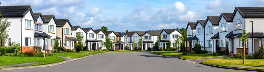 A serene suburban neighborhood with modern houses lining a quiet street.