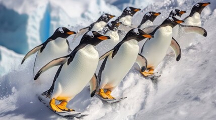 A group of penguins sliding down a snowy slope, showcasing their agility and playful nature.