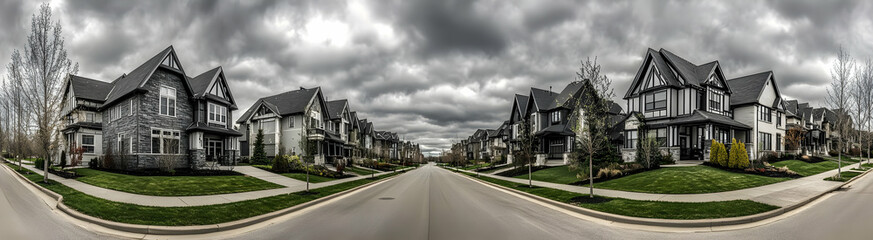 A panoramic view of a suburban street lined with modern houses under a cloudy sky.