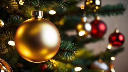 A beautifully adorned Christmas tree features golden and red ornaments, twinkling lights, and lush green branches, creating a warm and festive atmosphere for the holiday season