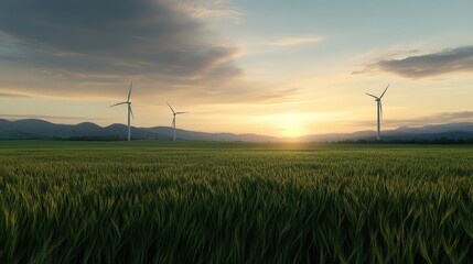 The early morning light casts a warm glow on a wheat field, with wind turbines in the distance against a colorful sky