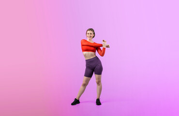 Full body length gaiety shot athletic and sporty young woman with fitness warmup and stretching body for pre exercise posture on isolated background. Healthy active and body care lifestyle.
