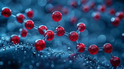 3D Render of Abstract Molecular Structure with Red Atoms and Blue Background, Science Concept.