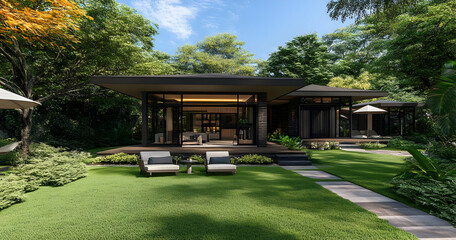 Modern house surrounded by lush greenery and outdoor seating areas.