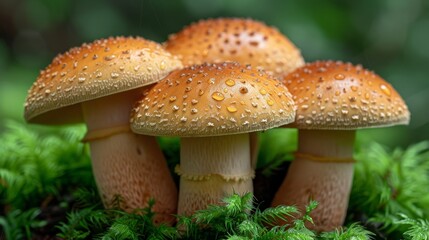 Four Wet Wild Mushrooms Sprouting From Moss, Macro Closeup of Delicate Woodland Fungi