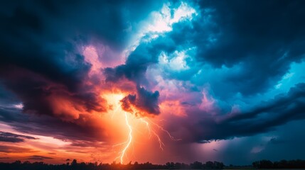 Fototapeta premium Dramatic Thunderstorm with Lightning and Colorful Clouds at Dusk