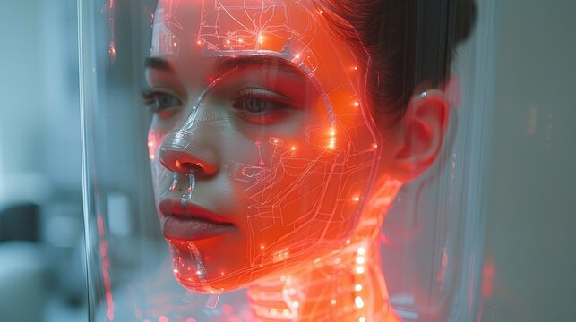 Futuristic Woman Undergoing Advanced Brain Scan with Neon Illumination in Medical Laboratory