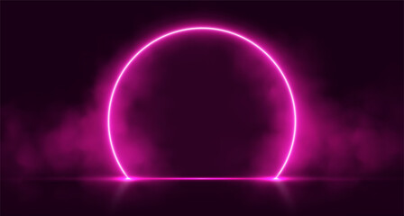 Neon arch with smoke, pink glowing portal, futuristic circle gate, magic stage with vapor. Vector illustration.