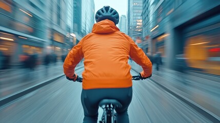 Cyclist in an orange jacket rides through a bustling city street at dusk, AI