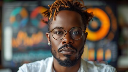 Fototapeta premium Confident Black Male Entrepreneur with Dreadlocks and Glasses in Office, Headshot Portrait