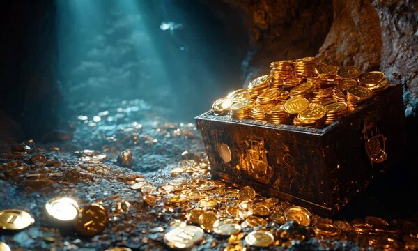 Video of a cave with an open treasure box filled with shiny gold