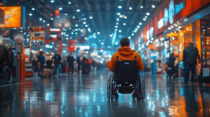 Naklejka premium Wheelchair user navigating a busy shopping center during evening hours