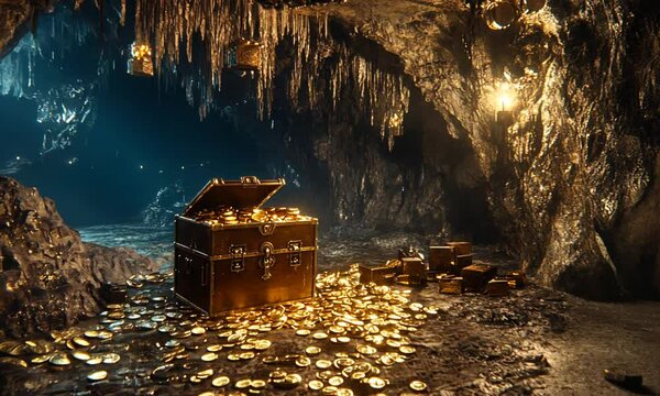 open treasure chest with shinny gold coins and gems