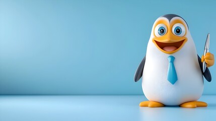 Obraz premium Whimsical 3D of a cartoon penguin dressed in a formal business suit and tie holding a pen as if in a professional office setting