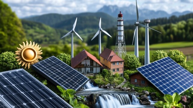 The composition showcases cooperation in renewable energy, highlighting wind turbines, solar panels, a lighthouse, and a wooden mill