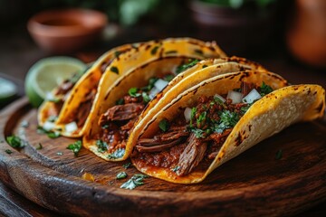 mexican cuisine, rustic wooden platter of birria tacos topped with slow-cooked beef and spices, in a cozy kitchen with warm decor, perfect for text
