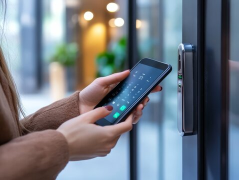Closeup of a woman's finger entering password code on the smart phone and digital touch screen keypad entry door lock in front of a hotel room or apartment