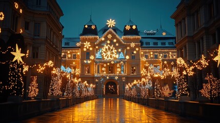 Naklejka premium A beautifully decorated building adorned with blue and white Christmas lights, surrounded by glowing trees and festive ornaments on a quiet winter night.