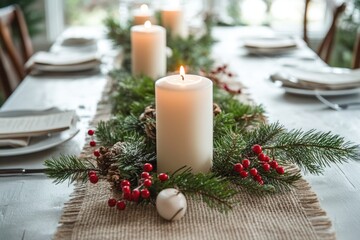 winter tablescape, elegant winter table decor with burlap runner, white candles, evergreen sprigs, and red berries creates a cozy scene