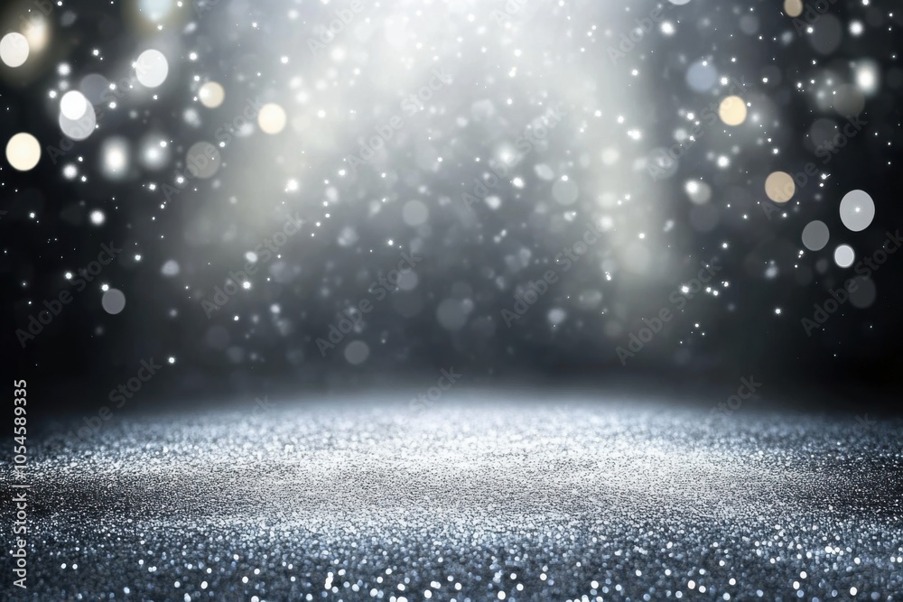 Poster abstract glittery background with bokeh lights and falling snow on a dark silver floor. this backgro