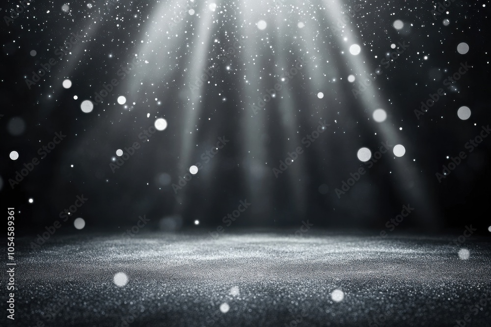 Poster abstract black background with glitter and light rays on the floor, shining in the center, a spotlig