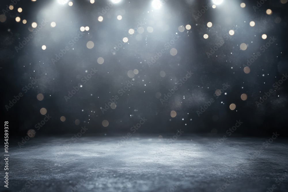 Aufkleber Abstract vintage dark background with spotlight on stage, grey floor and light, with  particles creating bokeh effect. For product presentation in e-commerce concept. Copy space available.