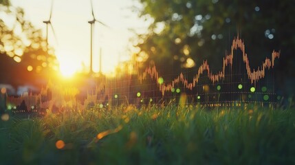 A sunset scene with wind turbines and a digital graph overlay representing growth.