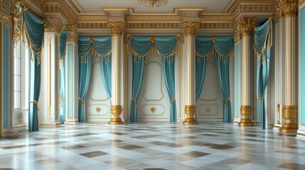 Elegant Interior of a Historic Ball Room with Blue Drapes and Gold Accents