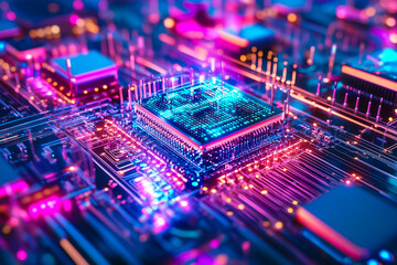 Fototapeta premium This graphic showcases the complexity of quantum computing circuits with vibrant colors and intricate designs