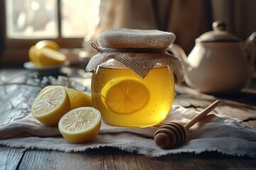 teatime refreshment, honey jar, wooden spoon, lemon slices, teapot on cloth create a charming scene