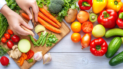Hands cutting fresh vegetables on a wooden board surrounded by vibrant produce, promoting healthy eating. AI-generated