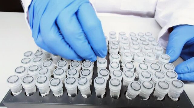 ab technician wearing gloves handles patient samples in test tubes in a genetic laboratory. The tubes are neatly arranged in a tray, indicating precise work with genetic material or blood diagnostics