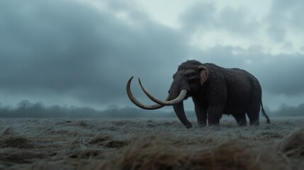 Naklejka premium Mammoth portrait: A detailed portrait of a mammoth, showcasing the prehistoric creature's distinctive features and majestic presence, bringing to life the grandeur of ancient ice age wildlife.