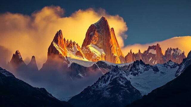 A dramatic view of the Fitz Roy mountain range in Patagonia, Argentina, at sunset