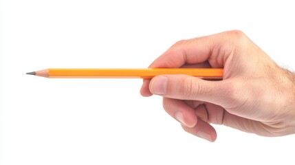 Hand Holding an Orange Pencil on White Background